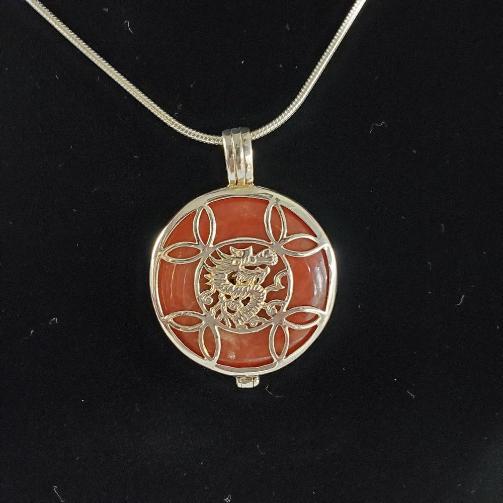 Sterling Silver Dragon Open Pendant Caged Orange Jade With Necklace